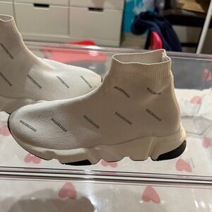 New Balenciaga Cream Knit Speed Sock Sneakers with Logo